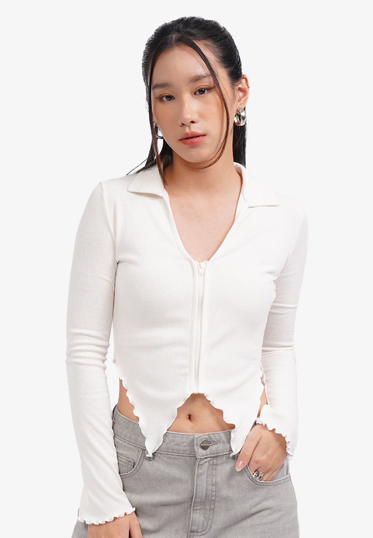 Lettuce Hem Long Sleeve Top Off White