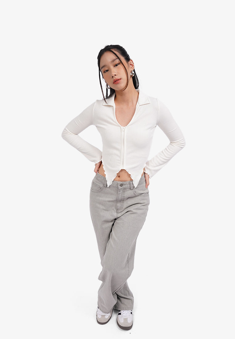 Lettuce Hem Long Sleeve Top Off White
