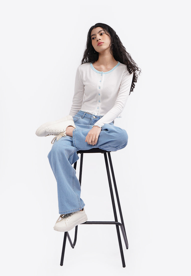Button Up Long Sleeve Top Off White
