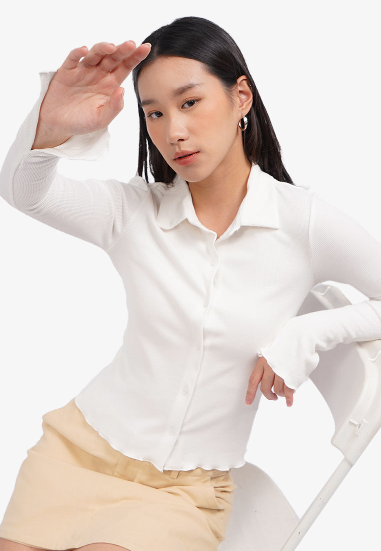 Button Up Long Sleeve Crop Top Off White