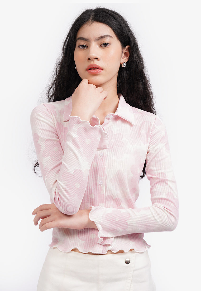 Button Up Long Sleeve Crop Top L.Pink