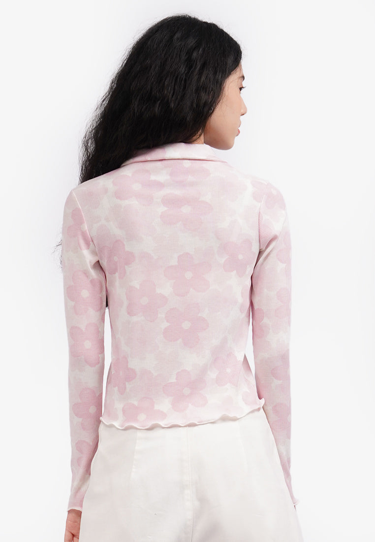 Button Up Long Sleeve Crop Top L.Pink