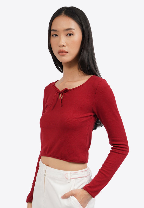Long Sleeve Rib Top with Ribbon Details