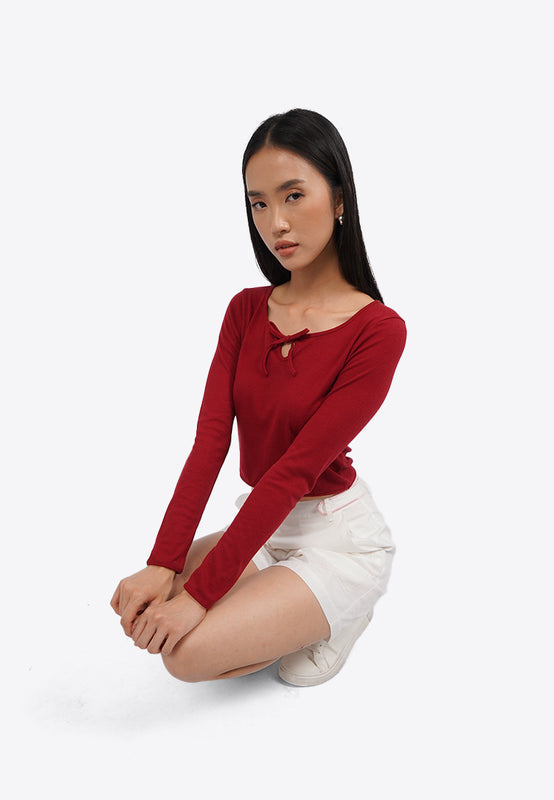 Long Sleeve Rib Top with Ribbon Details