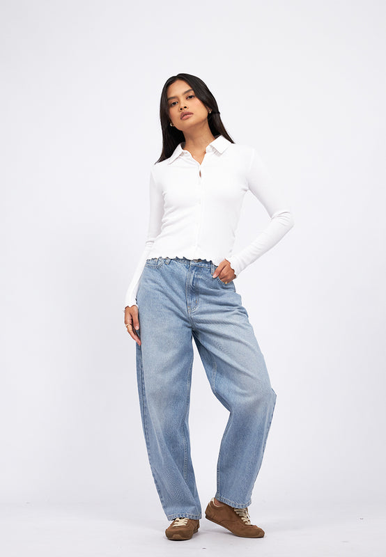 Button Up Long Sleeve Rib Top