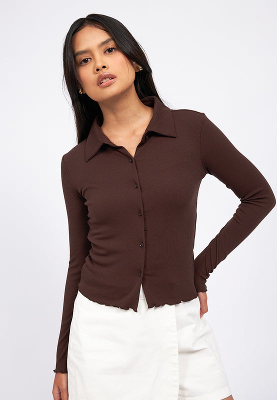 Button Up Long Sleeve Rib Top