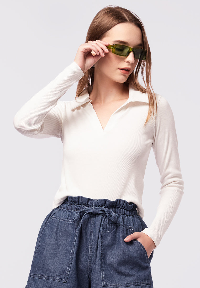Long Sleeve Rib Polo Top