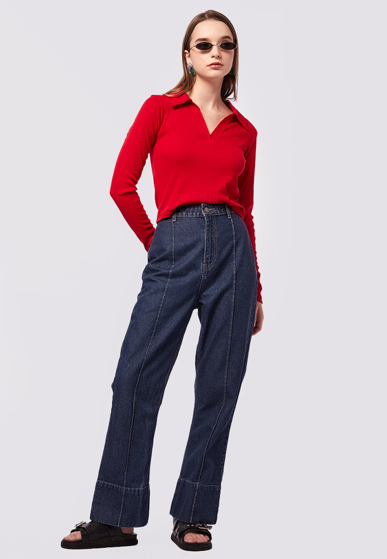 Long Sleeve Rib Polo Top