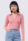 Ribbed Long Sleeve Polo Top