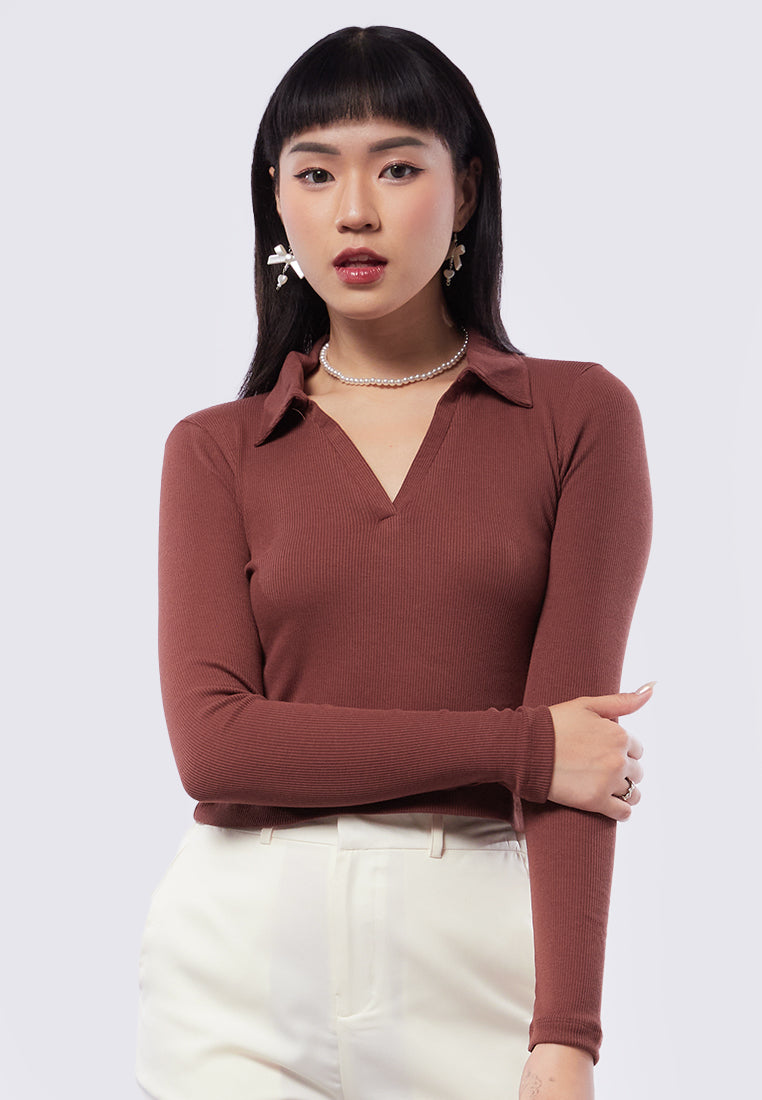Ribbed Long Sleeve Polo Top