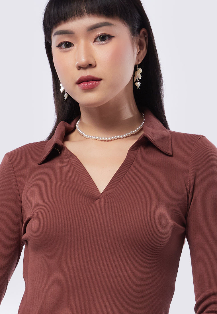 Ribbed Long Sleeve Polo Top