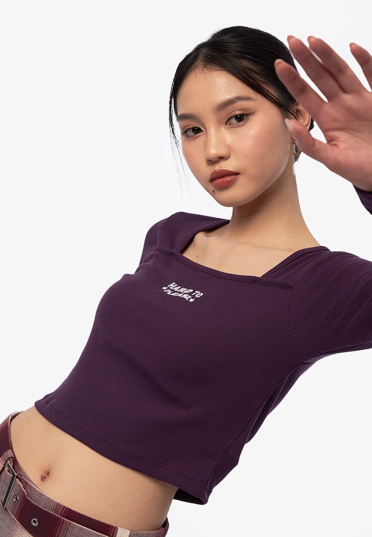 Square Neck Long Sleeve Rib Top Plum