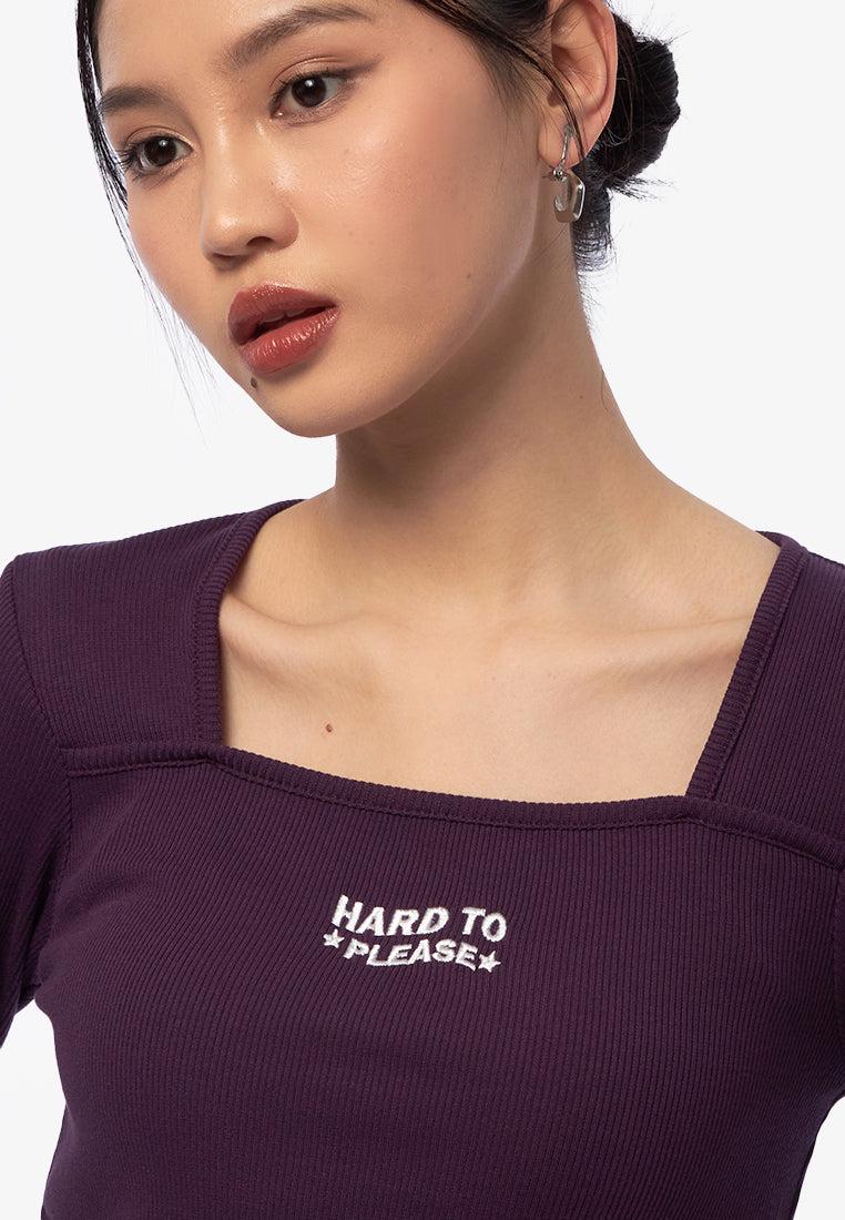 Square Neck Long Sleeve Rib Top Plum