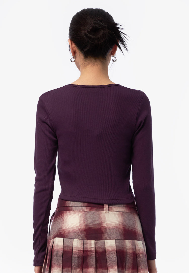 Square Neck Long Sleeve Rib Top Plum