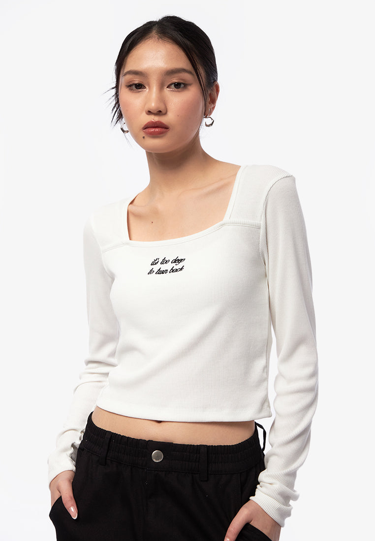 Square Neck Long Sleeve Rib Top Off White