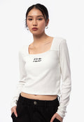 Square Neck Long Sleeve Rib Top Off White