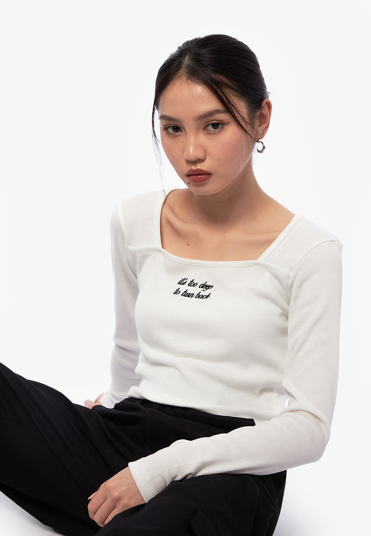 Square Neck Long Sleeve Rib Top Off White