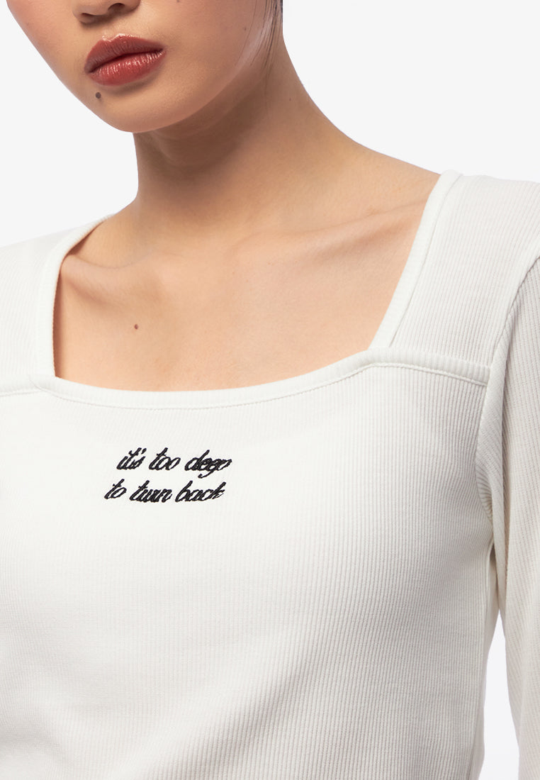 Square Neck Long Sleeve Rib Top Off White