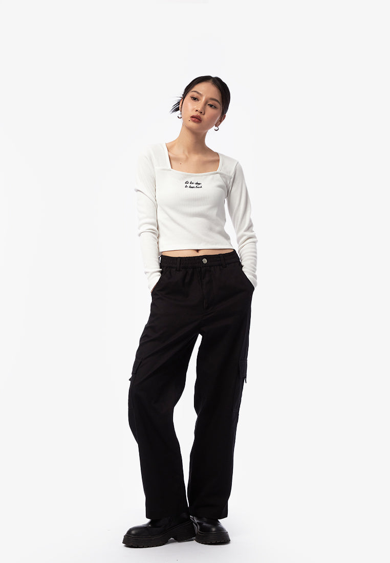 Square Neck Long Sleeve Rib Top Off White