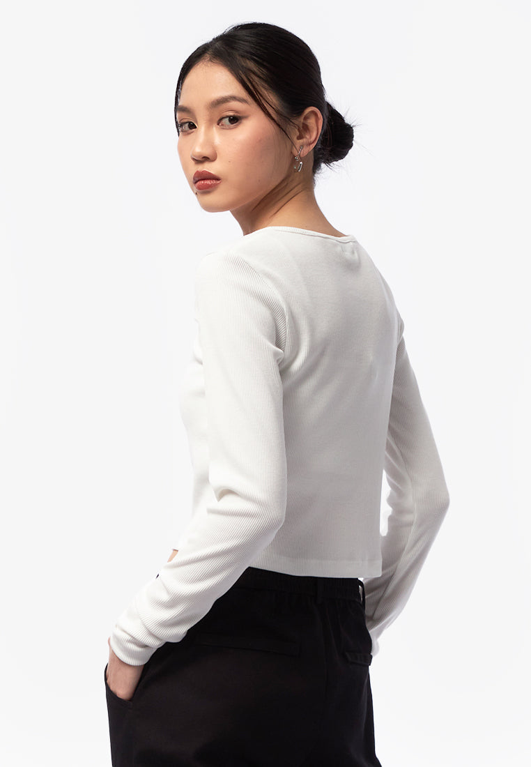 Square Neck Long Sleeve Rib Top Off White