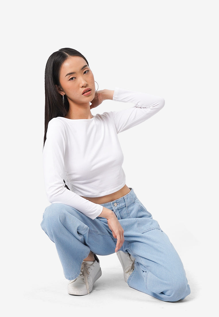 Side Ruched Boat Neck Top Off White