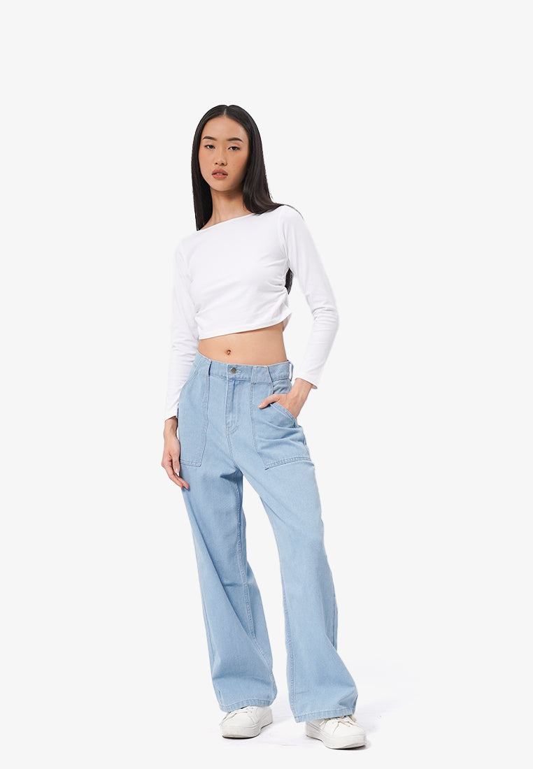 Side Ruched Boat Neck Top Off White