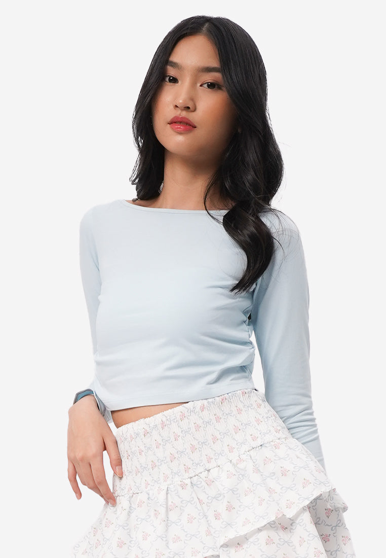 Side Ruched Boat Neck Top L.Blue