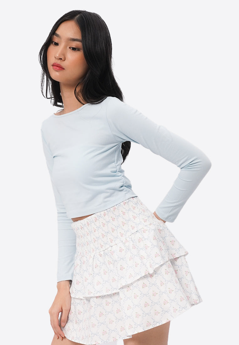 Side Ruched Boat Neck Top L.Blue