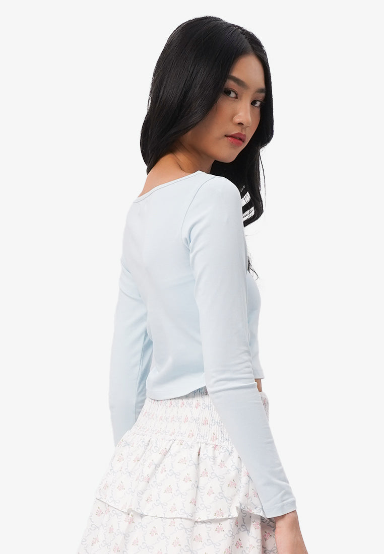 Side Ruched Boat Neck Top L.Blue