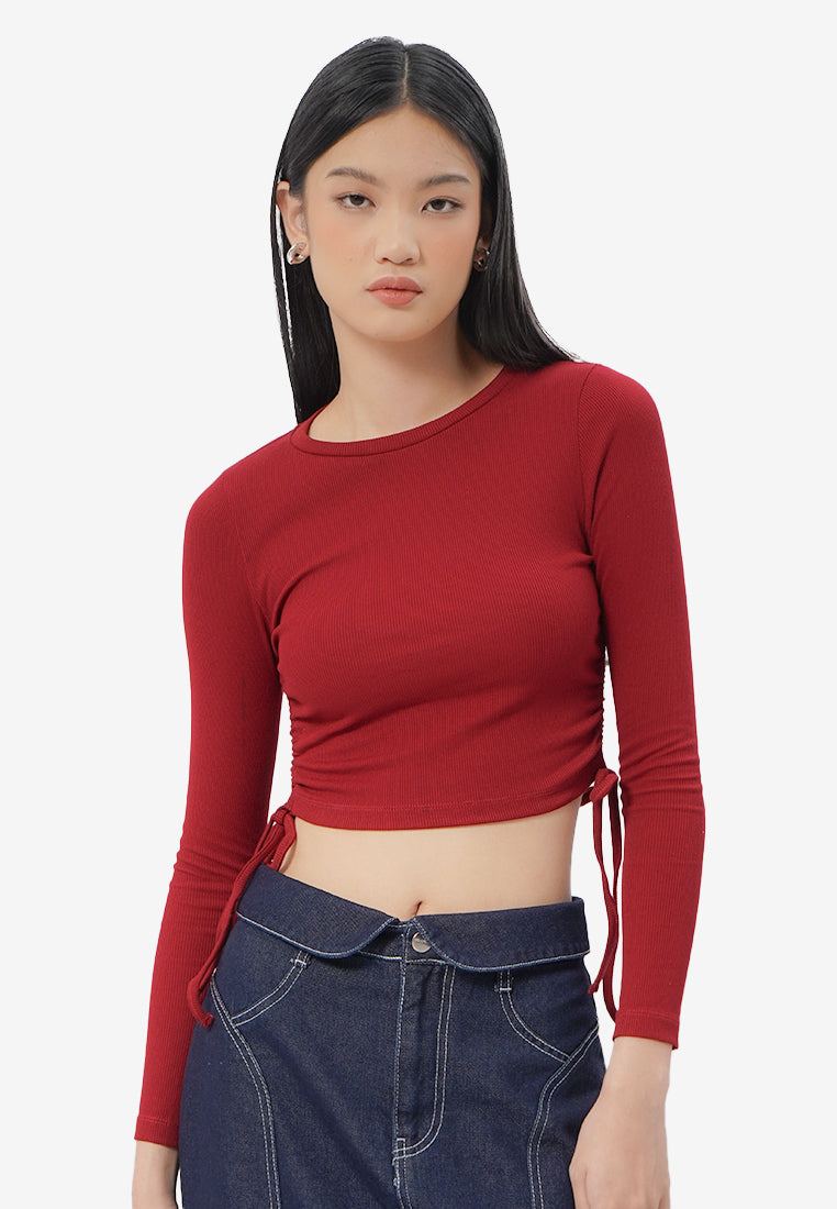 Side Tie Long Sleeve Top Red