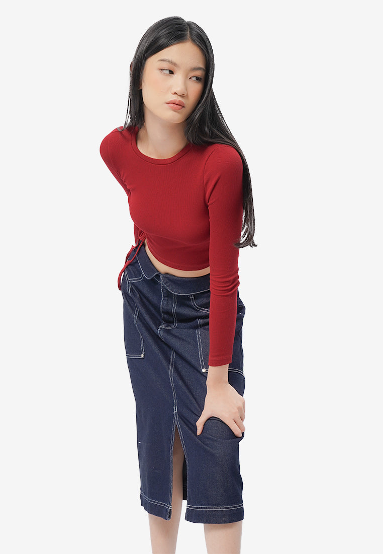 Side Tie Long Sleeve Top Red