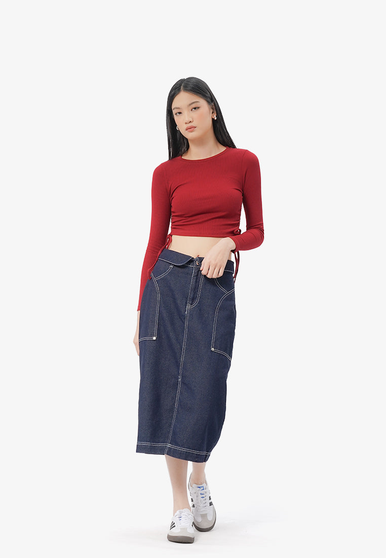 Side Tie Long Sleeve Top Red