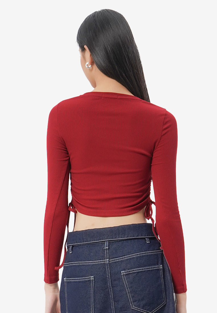 Side Tie Long Sleeve Top Red