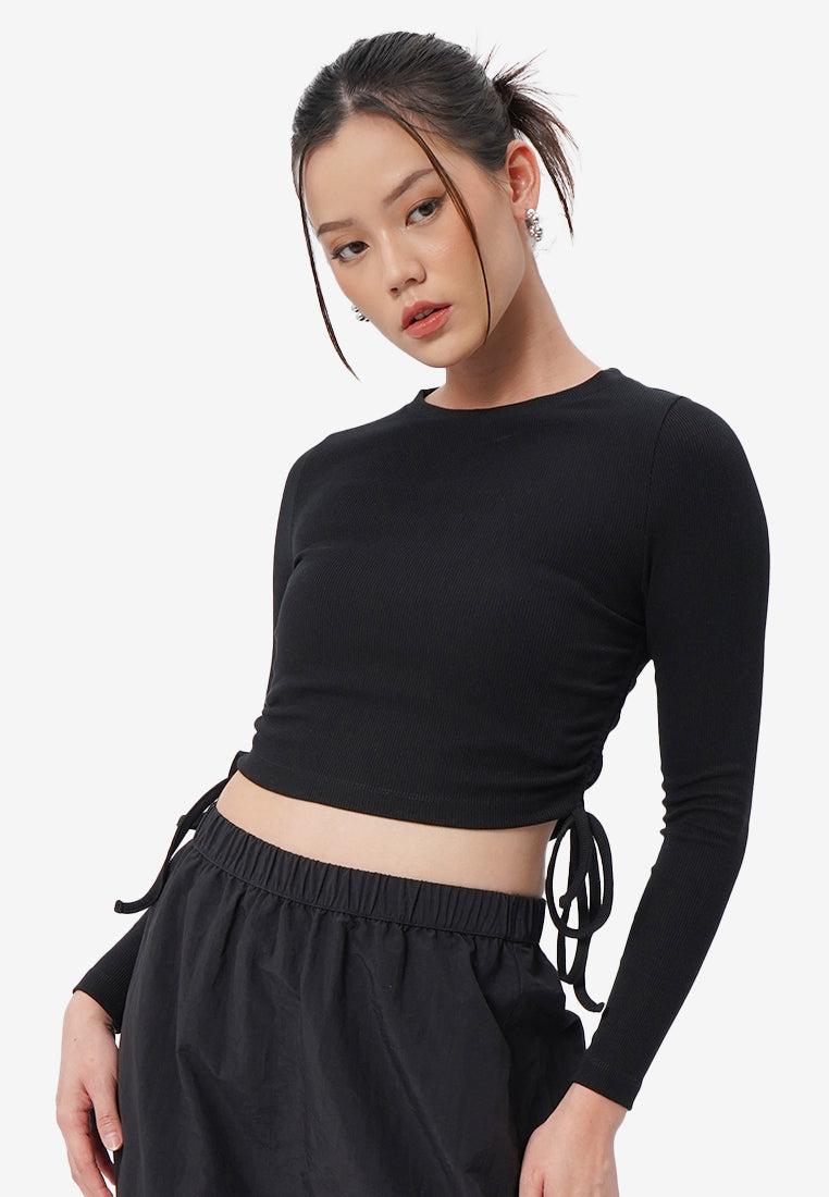 Side Tie Long Sleeve Top Black