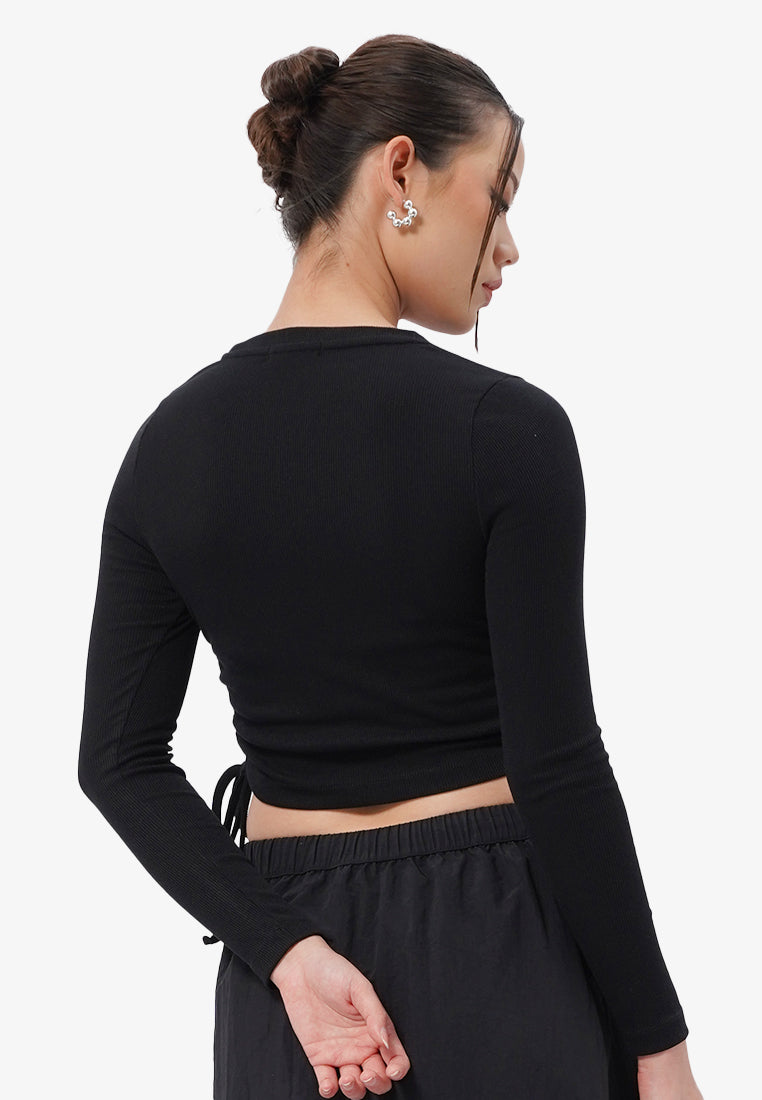 Side Tie Long Sleeve Top Black