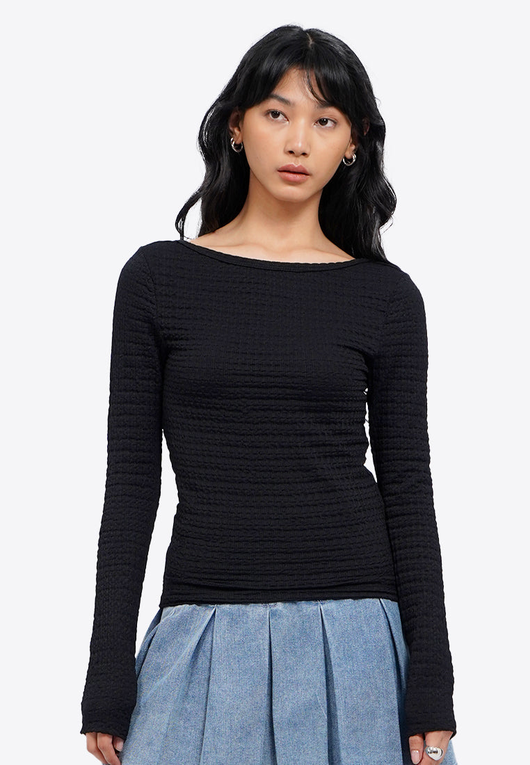 Textured Low Back Long Sleeve Top