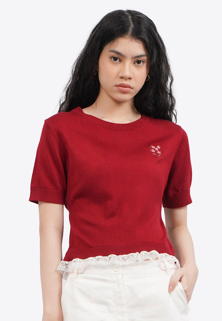 Embroidered Knit Top with Lace Detail