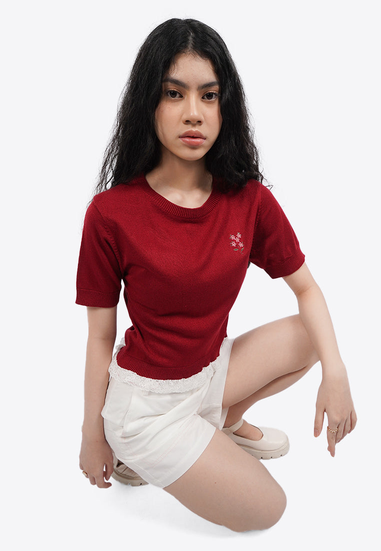 Embroidered Knit Top with Lace Detail