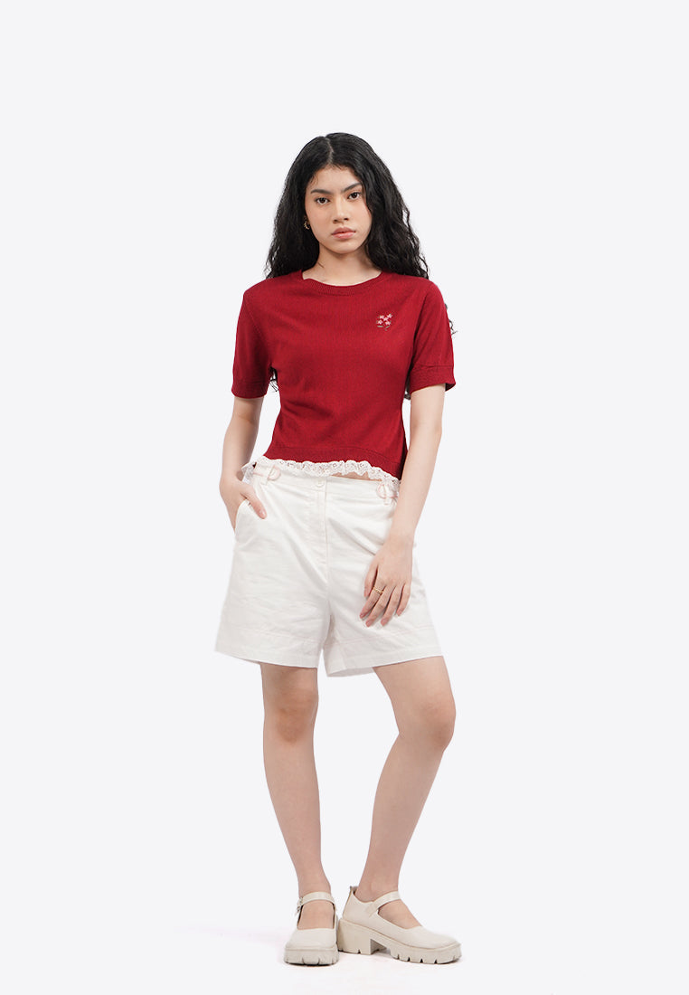 Embroidered Knit Top with Lace Detail