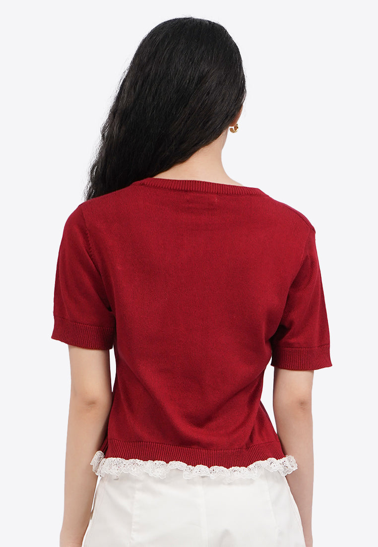 Embroidered Knit Top with Lace Detail