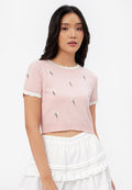 Floral Embroidered Short Sleeve Knit Top L.Pink