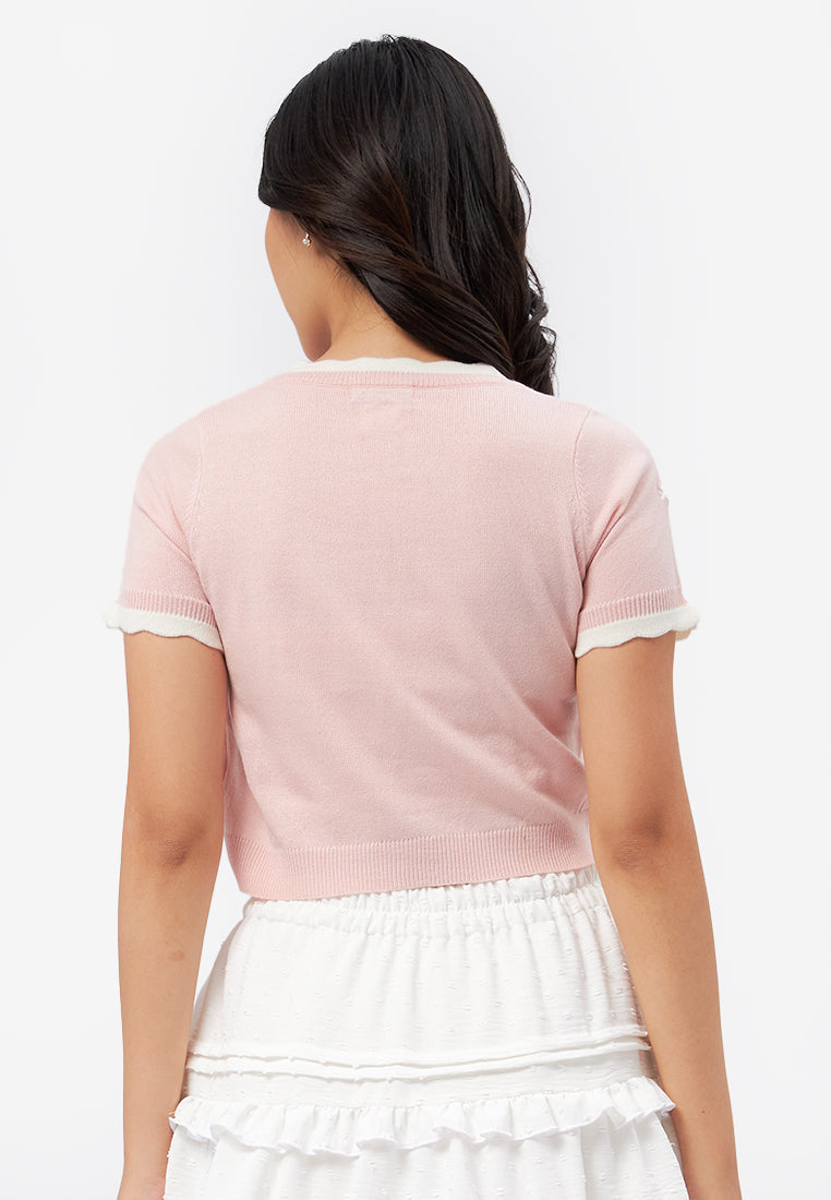 Floral Embroidered Short Sleeve Knit Top L.Pink