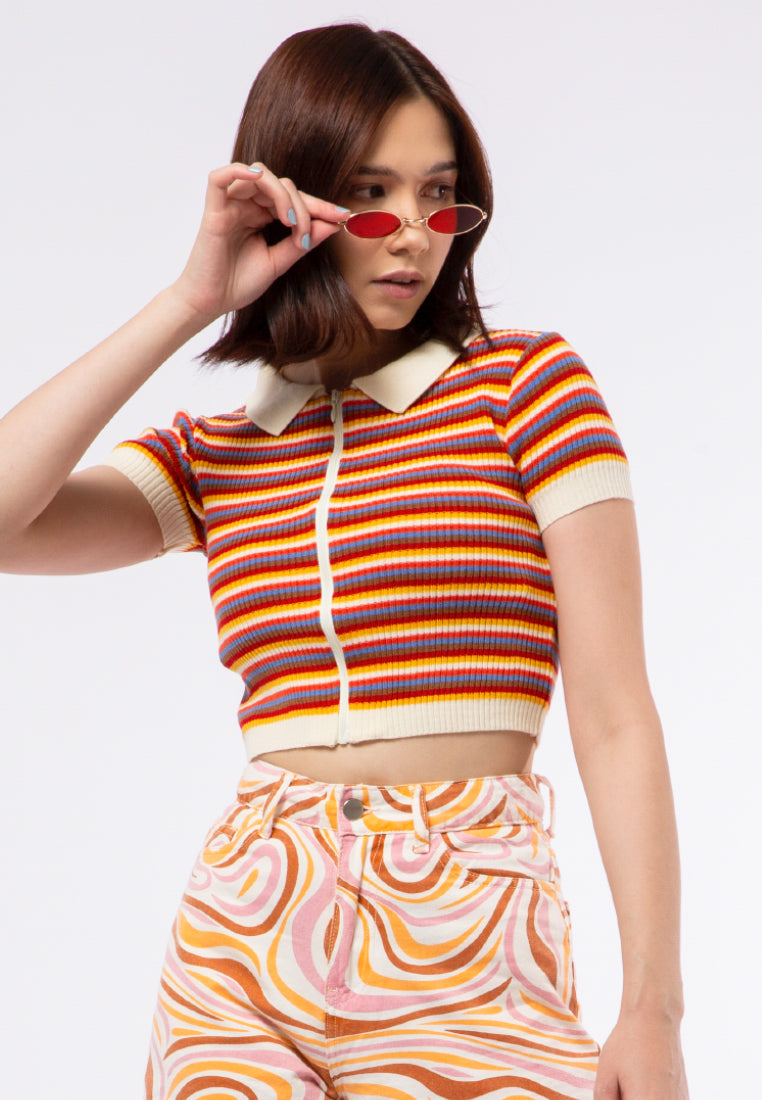 Stripe Zipper Up Collared Top