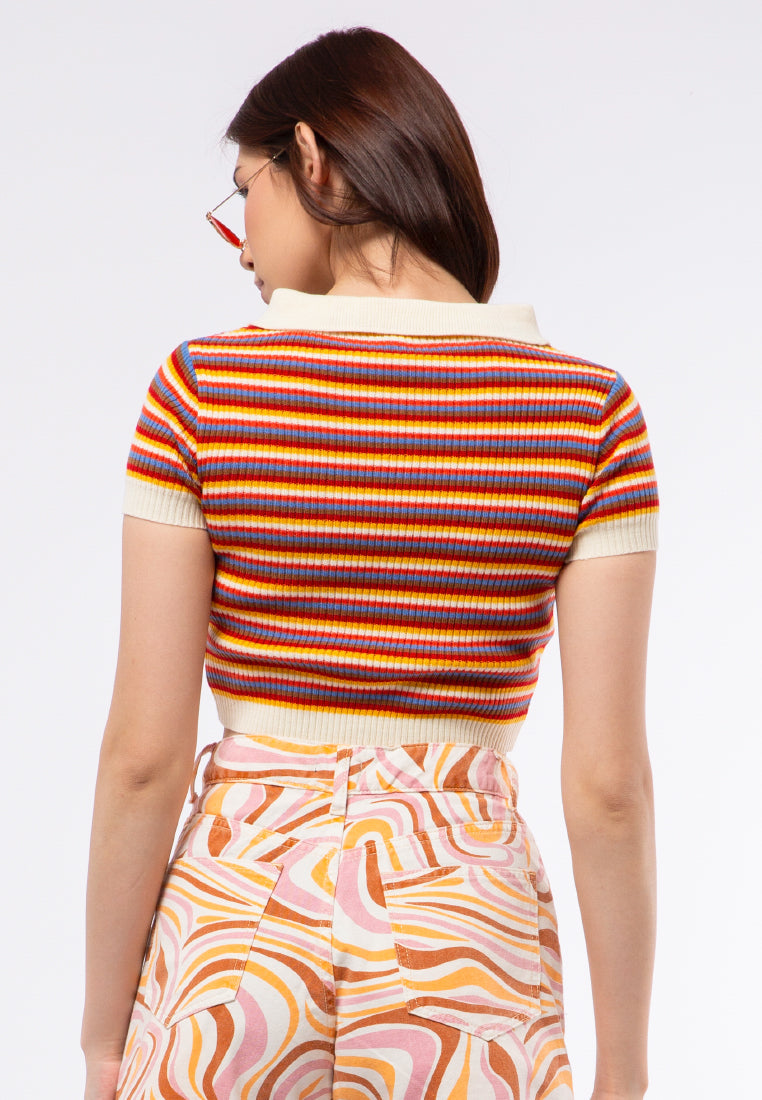 Stripe Zipper Up Collared Top