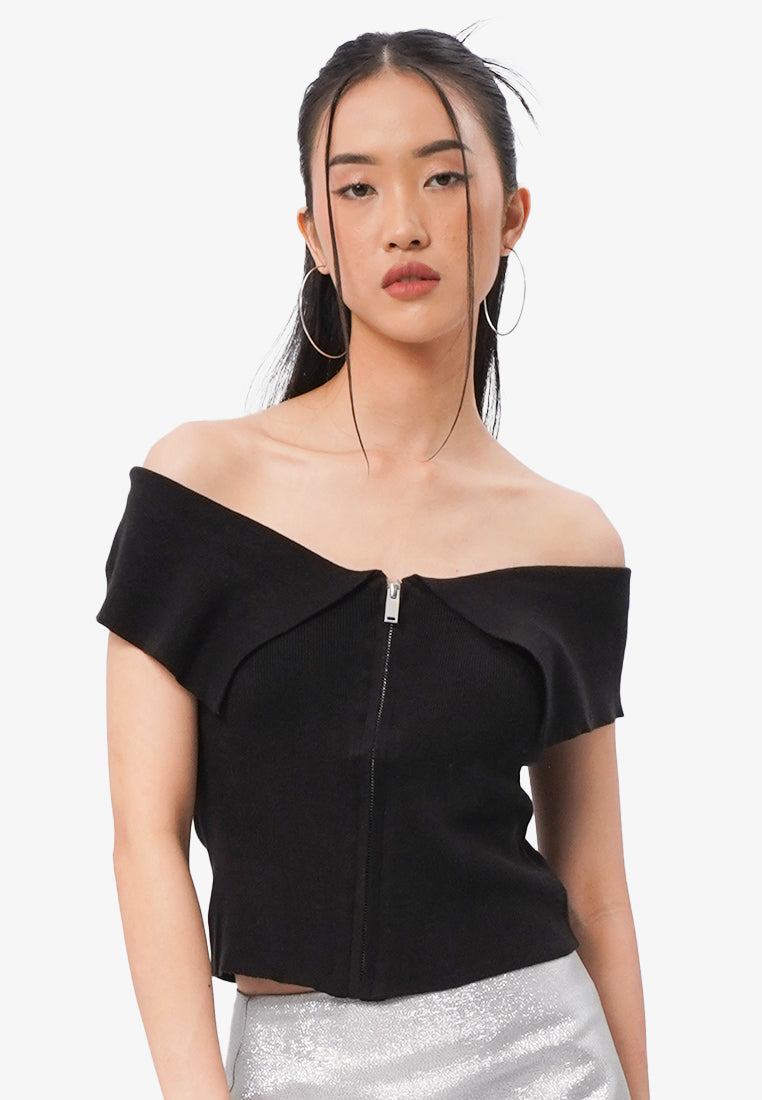 Zipped Up Off Shoulder Top Black
