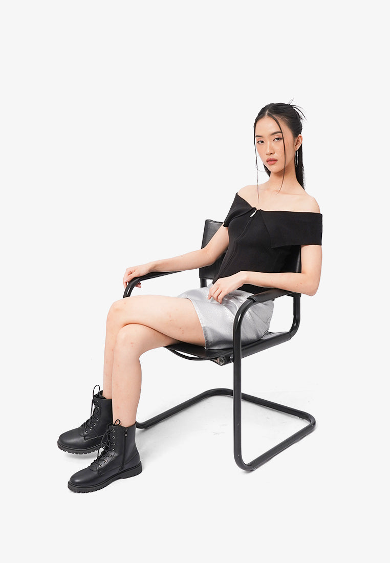 Zipped Up Off Shoulder Top Black
