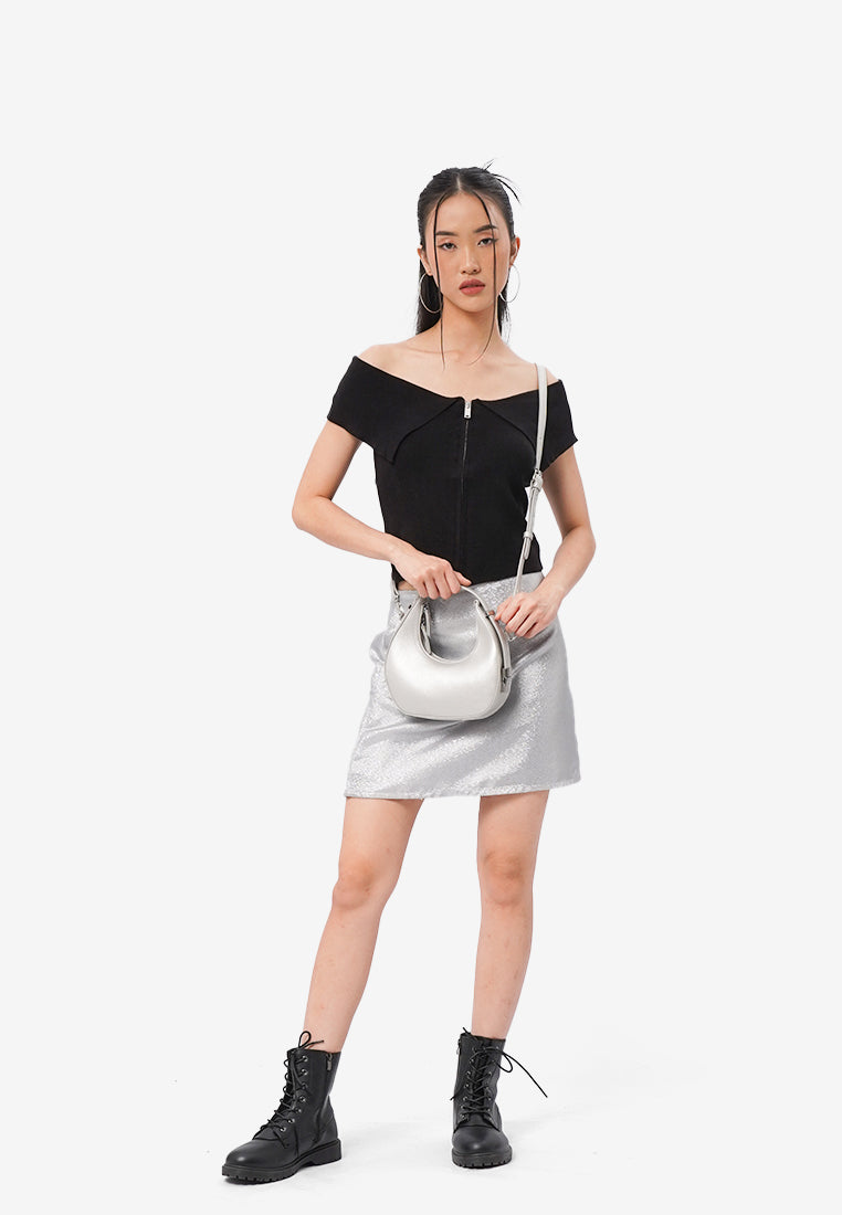 Zipped Up Off Shoulder Top Black
