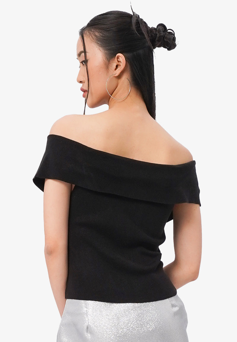 Zipped Up Off Shoulder Top Black