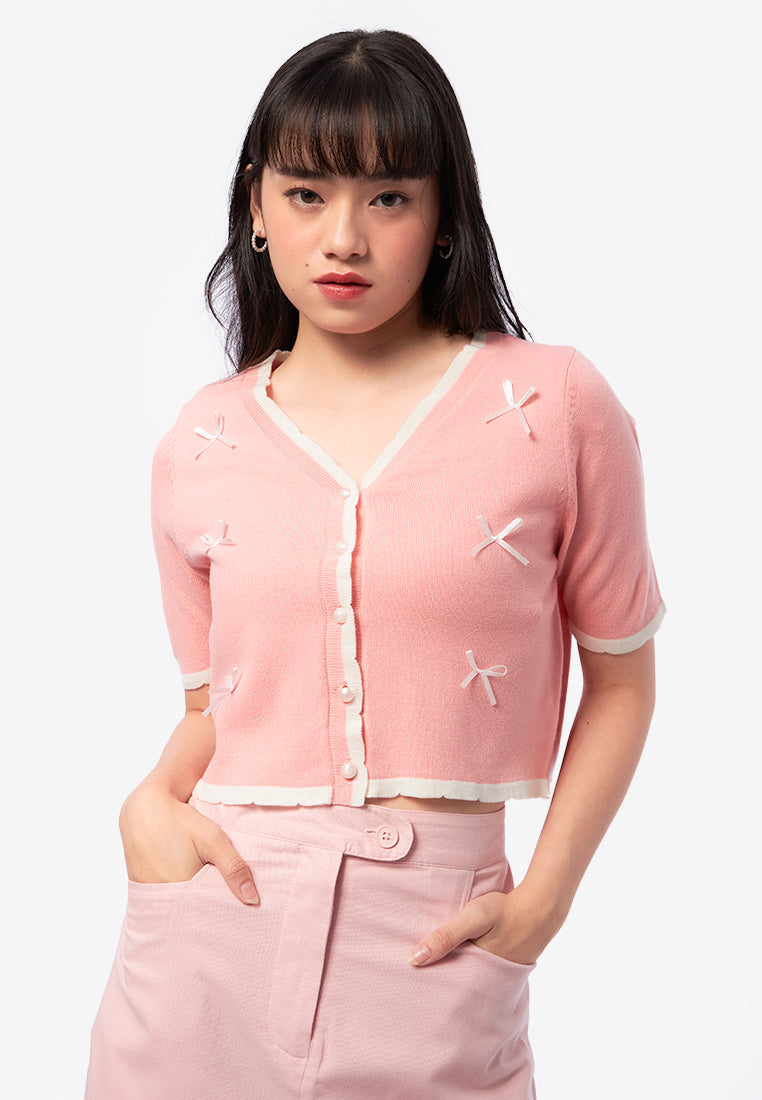 Short Sleeve Top with Contrast Ribbon L.Pink