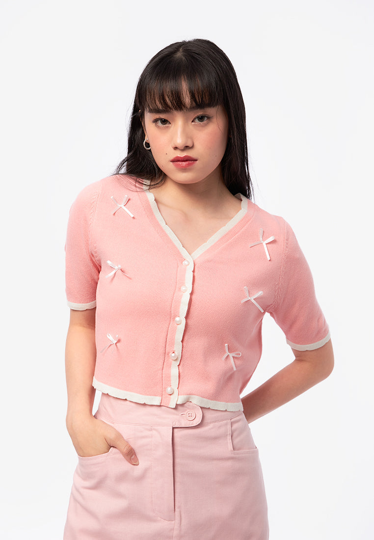 Short Sleeve Top with Contrast Ribbon L.Pink